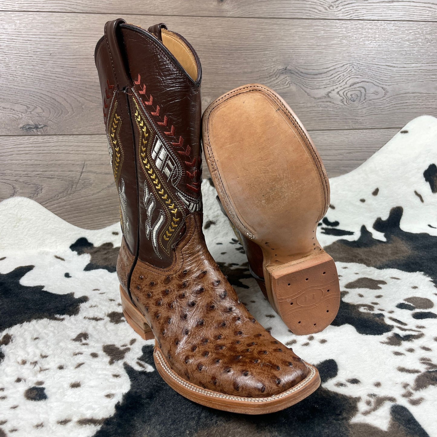 Premium Exotic Full Quill Brown  Double Stitch Square Toe Cowboy Pull On Boots