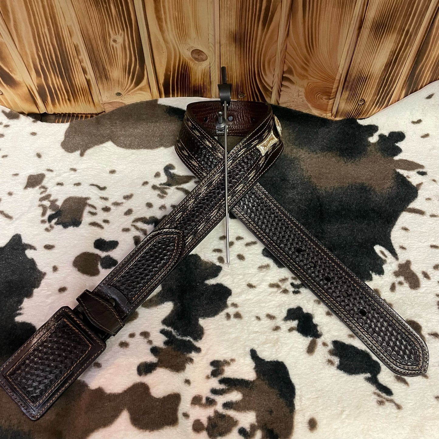 Brown Western Concho Cowboy Braided Horsehair Hand Tooled Leather Belt