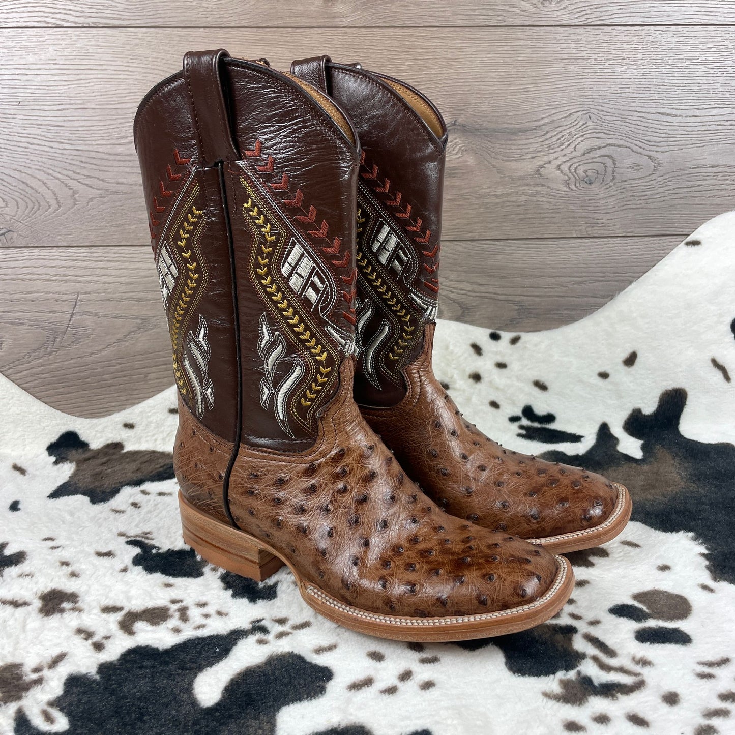 Premium Exotic Full Quill Brown  Double Stitch Square Toe Cowboy Pull On Boots