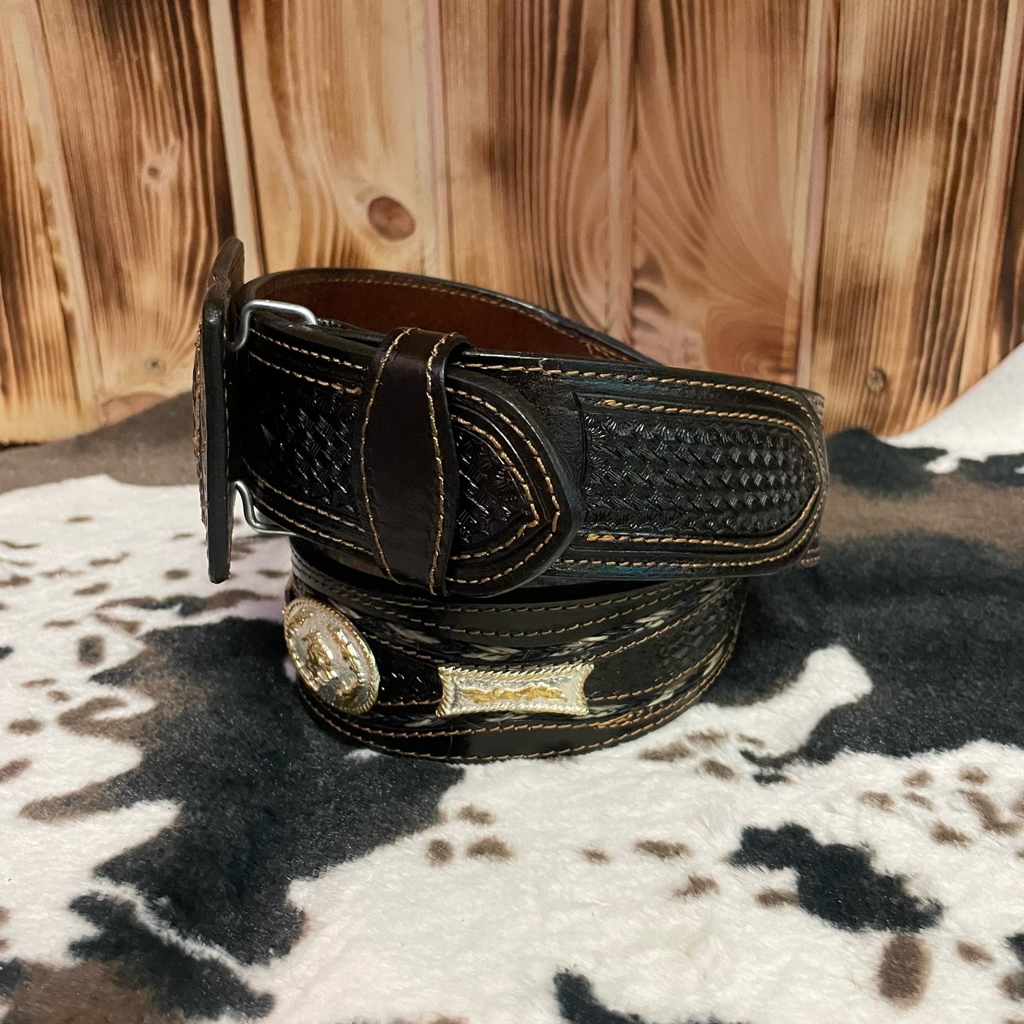 Brown Western Concho Cowboy Braided Horsehair Hand Tooled Leather Belt