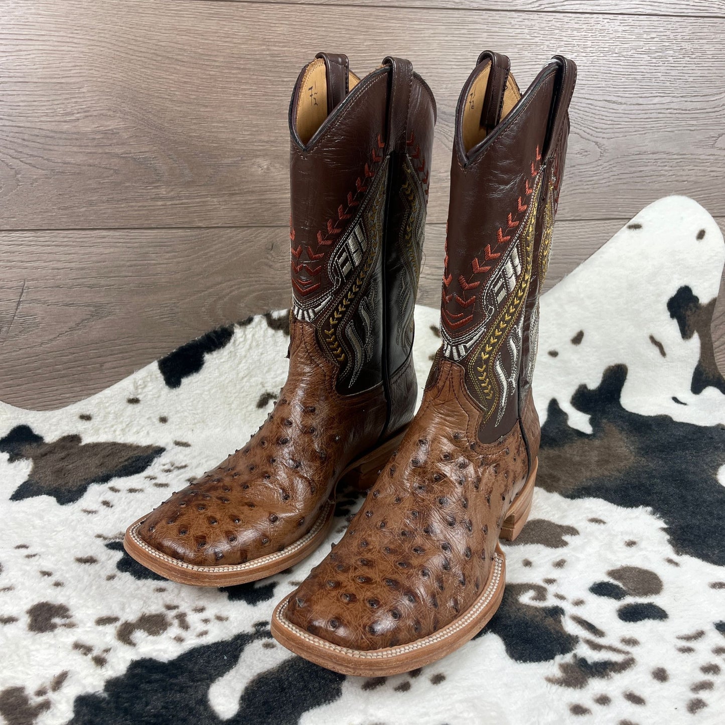 Premium Exotic Full Quill Brown  Double Stitch Square Toe Cowboy Pull On Boots