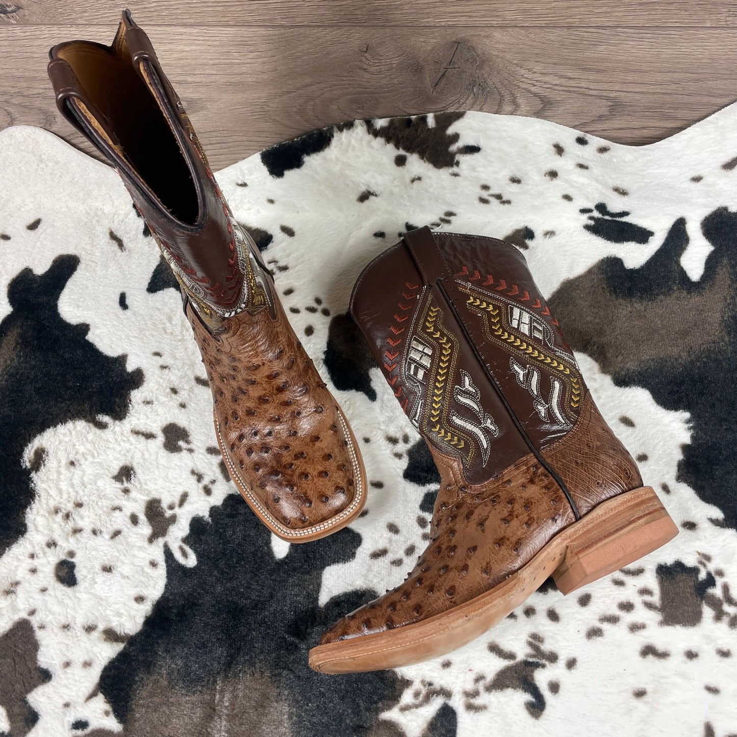 Premium Exotic Full Quill Brown  Double Stitch Square Toe Cowboy Pull On Boots